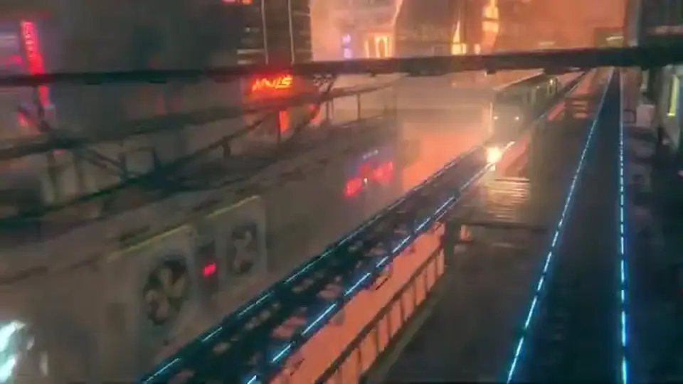 Rain-slick elevated rails through Lowtown neon