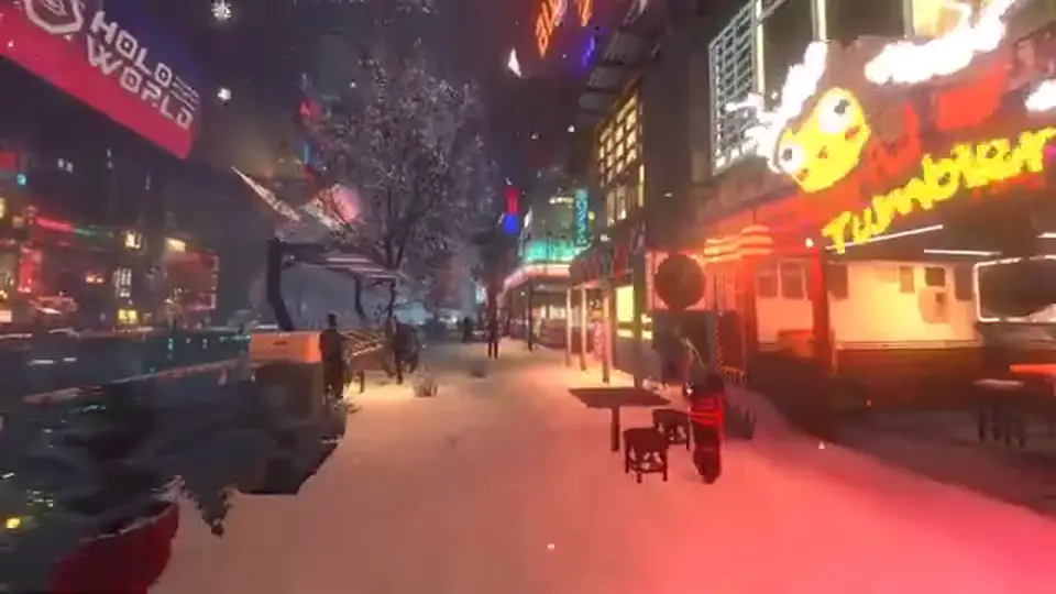 Neon Lowtown street with storefronts and night crowds